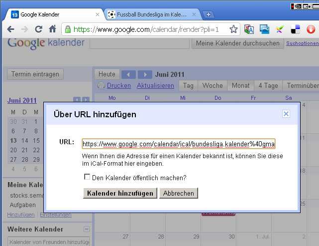 eingefügte URL des öffentlichen Fußball-Kalender