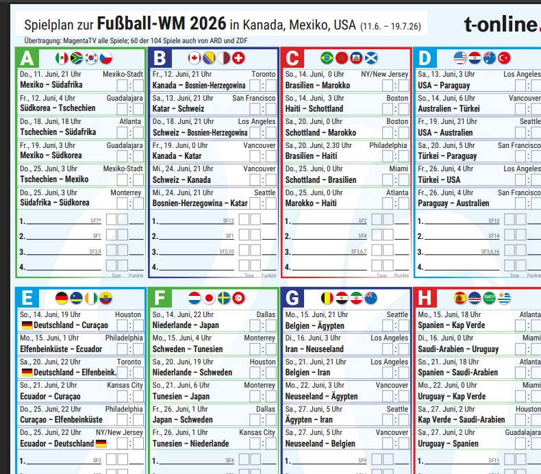 Spielplan Fußball Weltmeisterschaft 2026 PDF zum ausdrucken